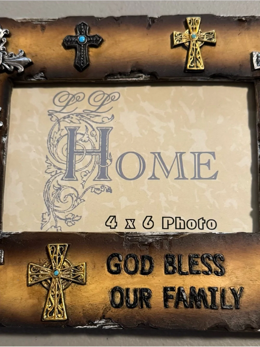 God Bless Our Family Decorative Cross 4x6 Photo Frame Brown